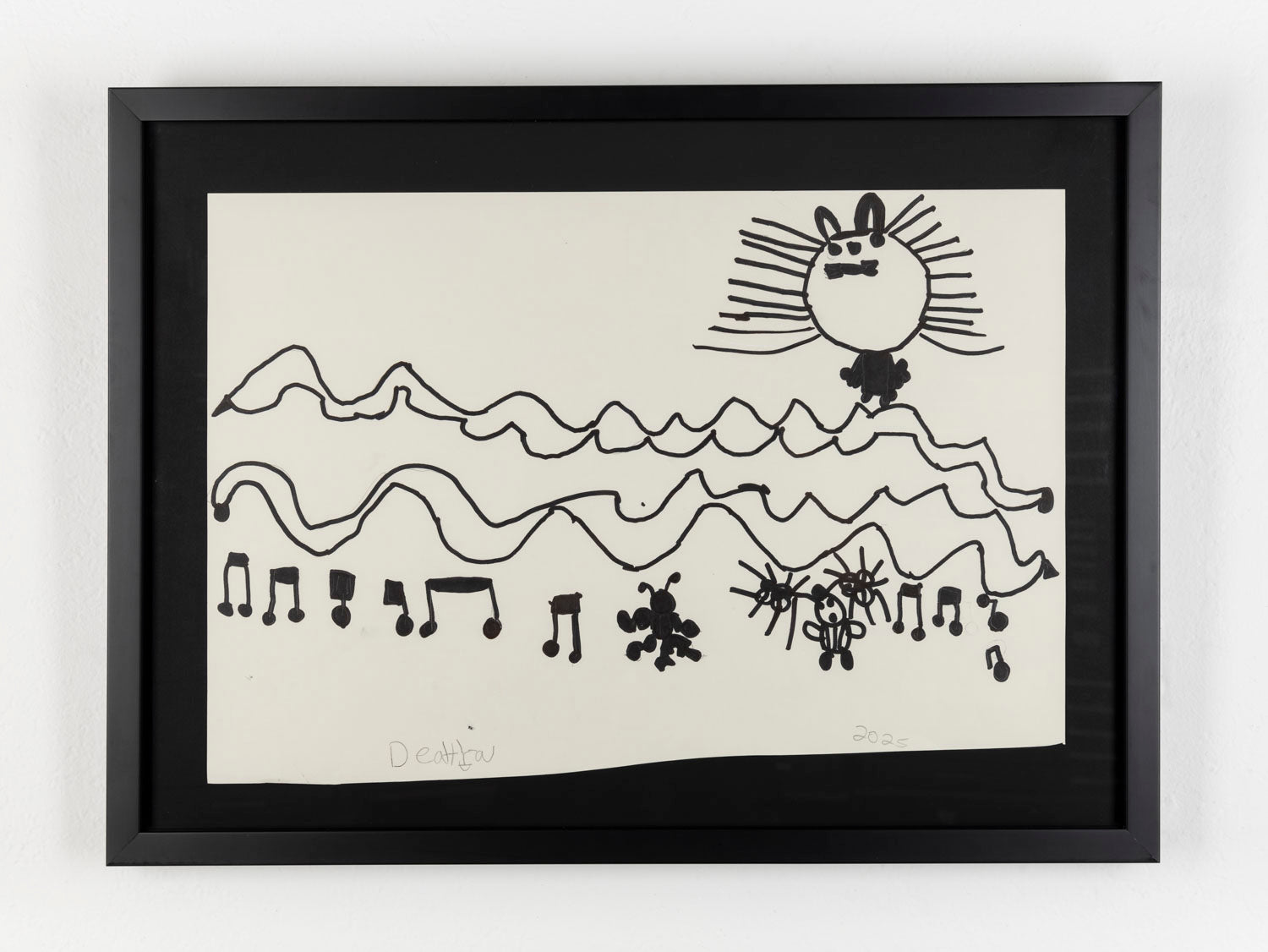 This black ink drawing depicts a creature in the top right corner and music notes on the bottom of of the piece. There are also organic, wave-like elements that divide the work horizontally. 