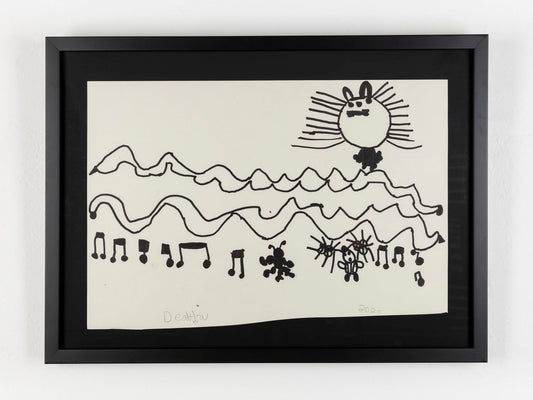 This black ink drawing depicts a creature in the top right corner and music notes on the bottom of of the piece. There are also organic, wave-like elements that divide the work horizontally. 