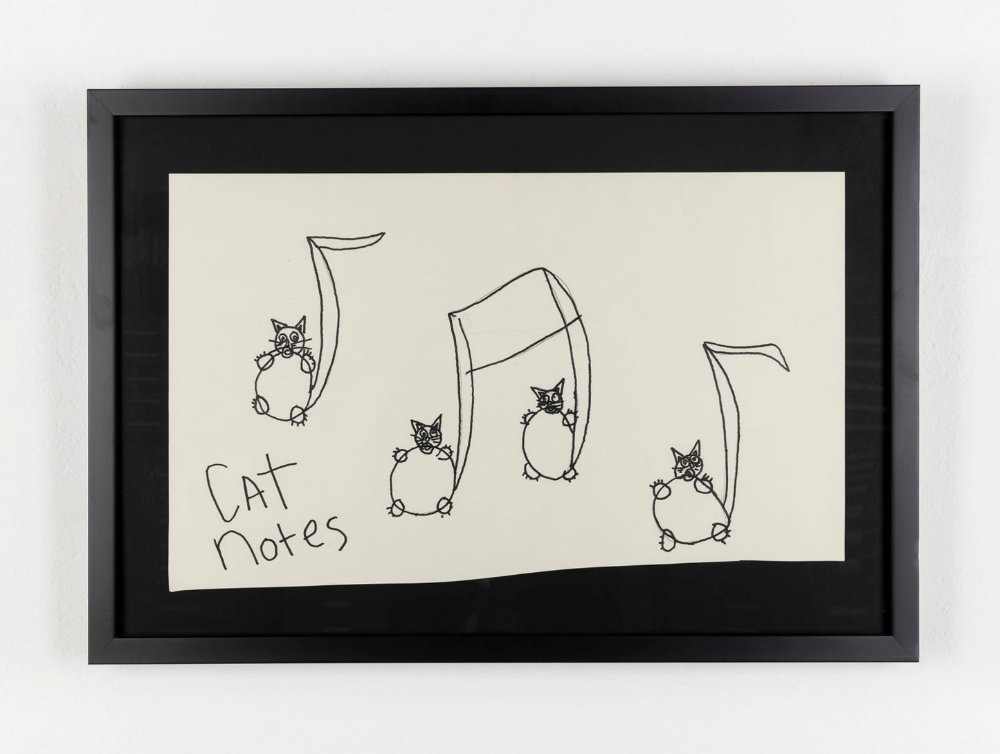 This black ink drawing depicts three musical notes, with cats on the note head. The text 'cat notes' are also written in the left bottom corner.