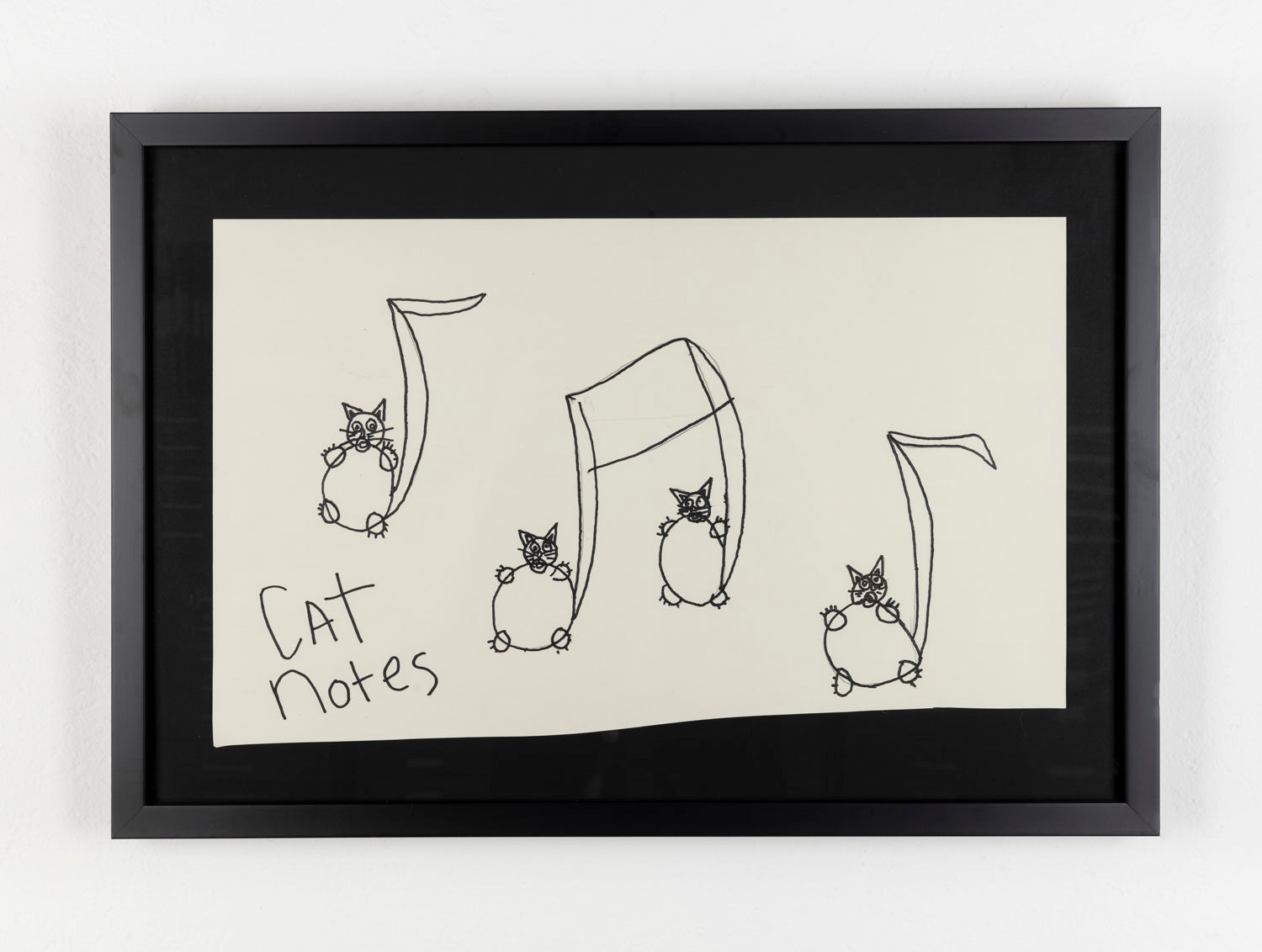 This black ink drawing depicts three musical notes, with cats on the note head. The text 'cat notes' are also written in the left bottom corner.