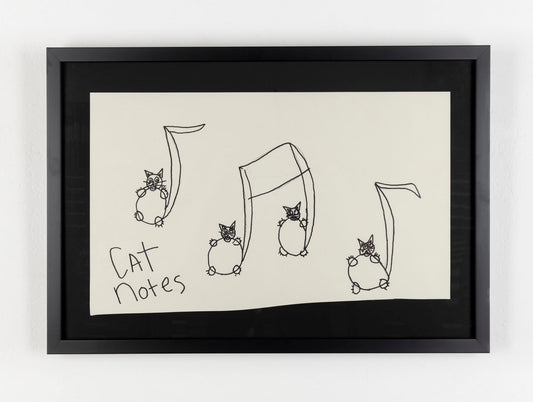 This black ink drawing depicts three musical notes, with cats on the note head. The text 'cat notes' are also written in the left bottom corner.