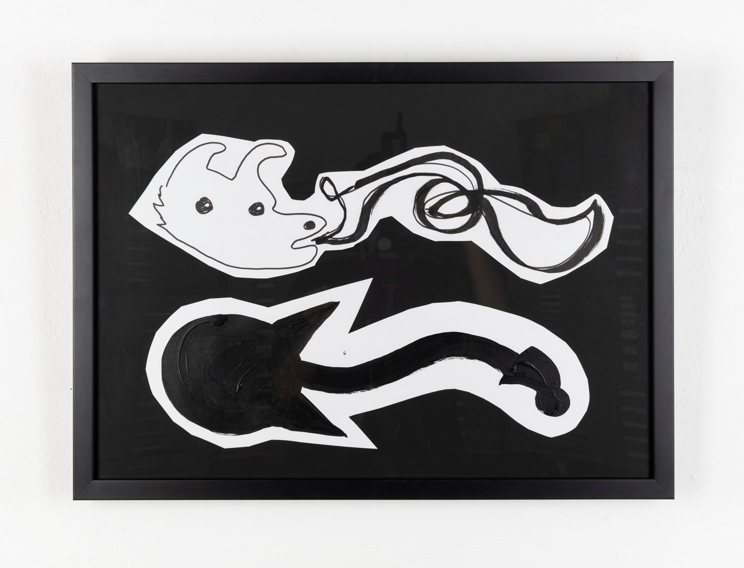 This drawing depicts two creatures that are horizontally stacked. The creature on top is drawn with thin black ink, its facial features are outlined against the white paper. The creature on the bottom is fully colored in black ink, only highlighting its silhouette against the white paper. Both creatures are cut out and layered on top of a black background. 