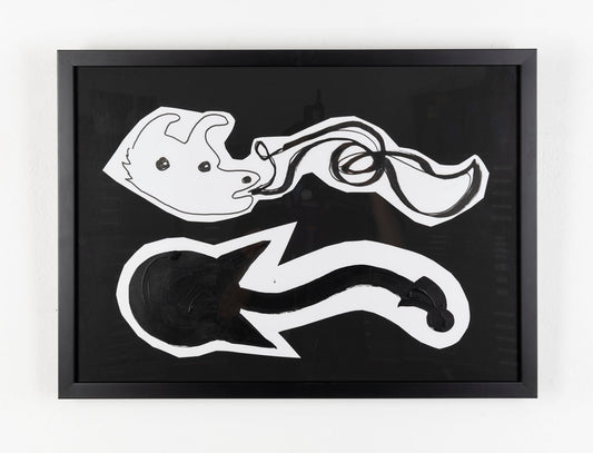 This drawing depicts two creatures that are horizontally stacked. The creature on top is drawn with thin black ink, its facial features are outlined against the white paper. The creature on the bottom is fully colored in black ink, only highlighting its silhouette against the white paper. Both creatures are cut out and layered on top of a black background. 