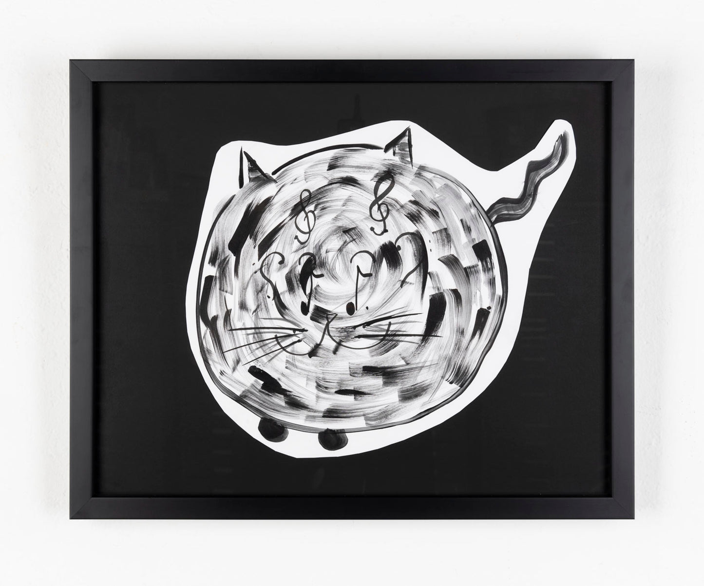 This piece depicts a cat in the center, inside the cat are music notes alongside its facial features, drawn with thin black ink. The cat is drawn on a white paper, which has been cut out and layered on top of a black background.
