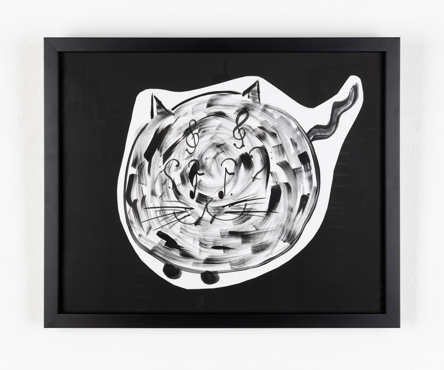 This piece depicts a cat in the center, inside the cat are music notes alongside its facial features, drawn with thin black ink. The cat is drawn on a white paper, which has been cut out and layered on top of a black background.
