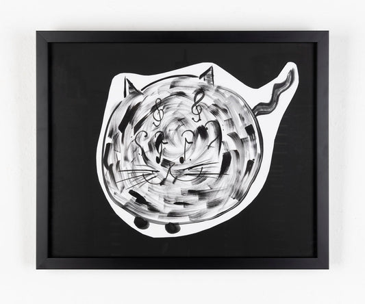 This piece depicts a cat in the center, inside the cat are music notes alongside its facial features, drawn with thin black ink. The cat is drawn on a white paper, which has been cut out and layered on top of a black background.
