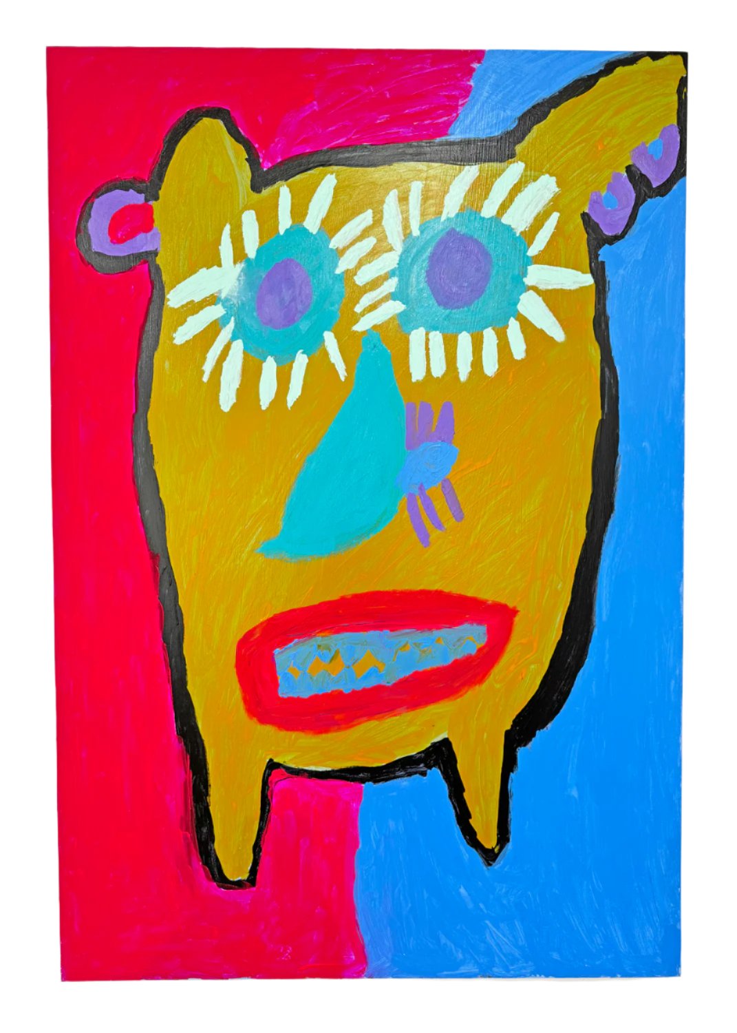 a creature portrait painted on a tall rectangular canvas. The image shows an ochre yellow face floating in the center. It has pointy ears with purple hoop earrings and two points sprouting from its chin. The face has a bright red mouth, a bright blue nose, and round blue eyes surrounded by white eyelashes. The background is divided vertically down the center with a pink stripe on the left and a blue stripe on the right. 