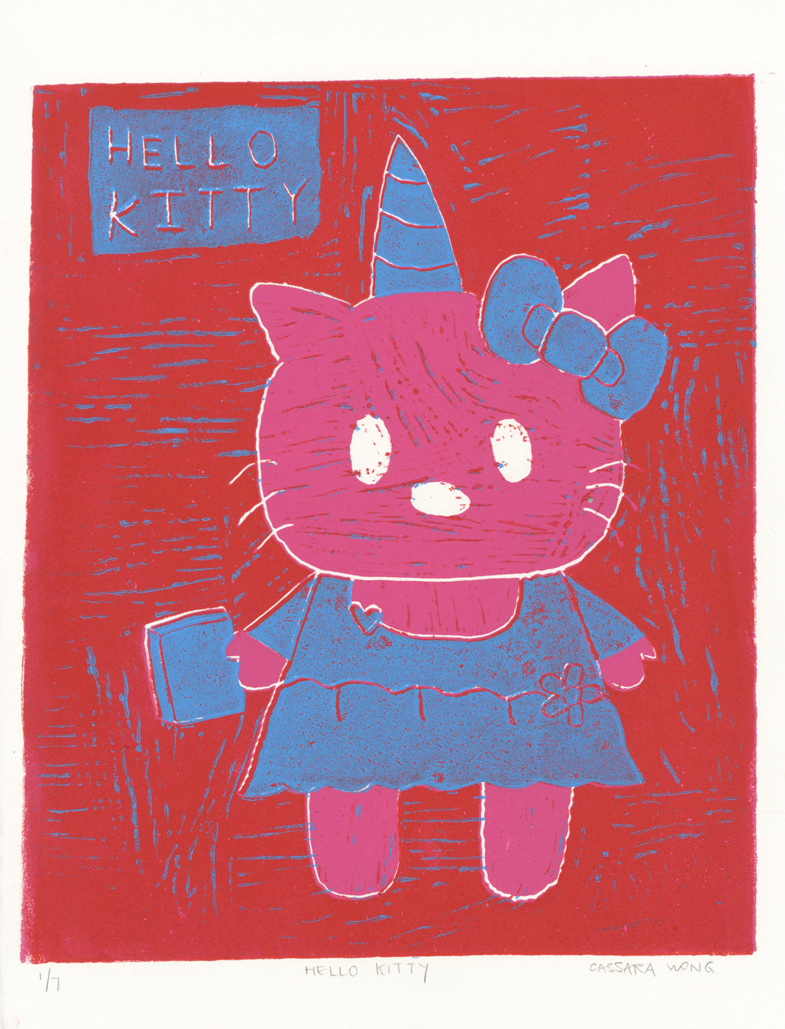 a linoleum block print on white paper. The print is a red square containing a pink cat wearing a blue dress, blue bow, and blue pointy hat. There is a blue square in the top left corner with text that reads "Hello Kitty." The print is numbered, titled, and signed in pencil along the bottom border. 