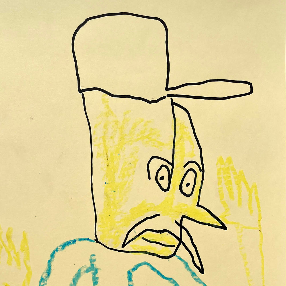 A detail of a portrait drawing on pale yellow paper. The portrait depicts the head and shoulders of a person wearing a baseball cap and a blue shirt. They have a yellow face with big round eyes and a handlebar mustache. They are drawn with their two yellow hands in the air. 