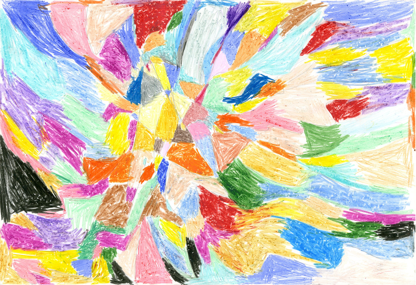 a rectangular drawing on white paper. Colorful shapes of various sizes fills the entire surface of the paper. 