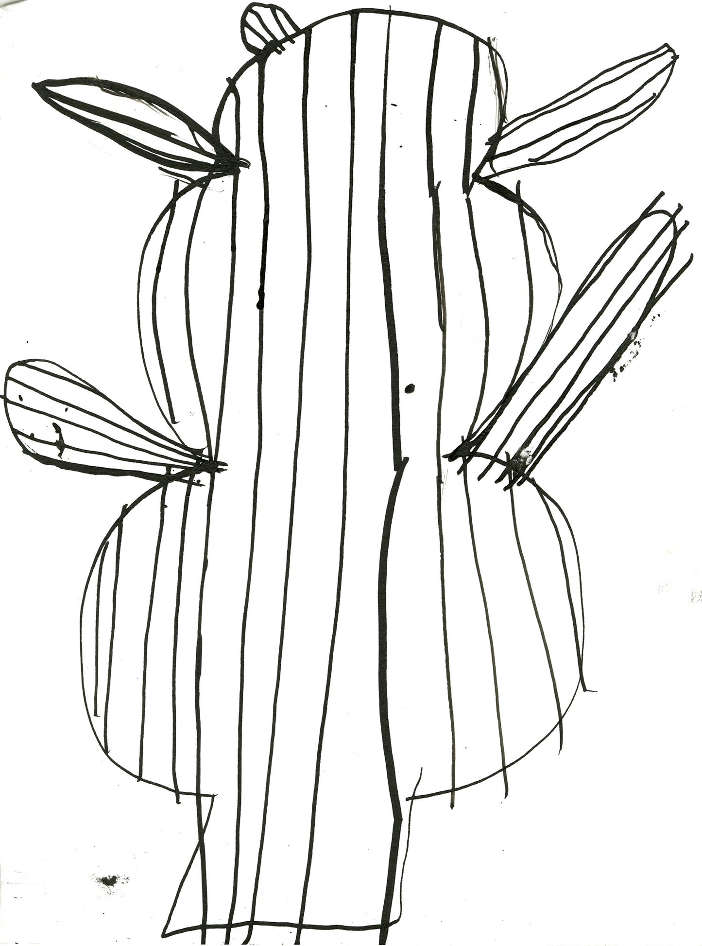 Black-and-white abstract drawing of cactus filled with long vertical stripes. Leaves shapes extend outward from both sides near the top and middle, creating a symmetrical composition against a white background.