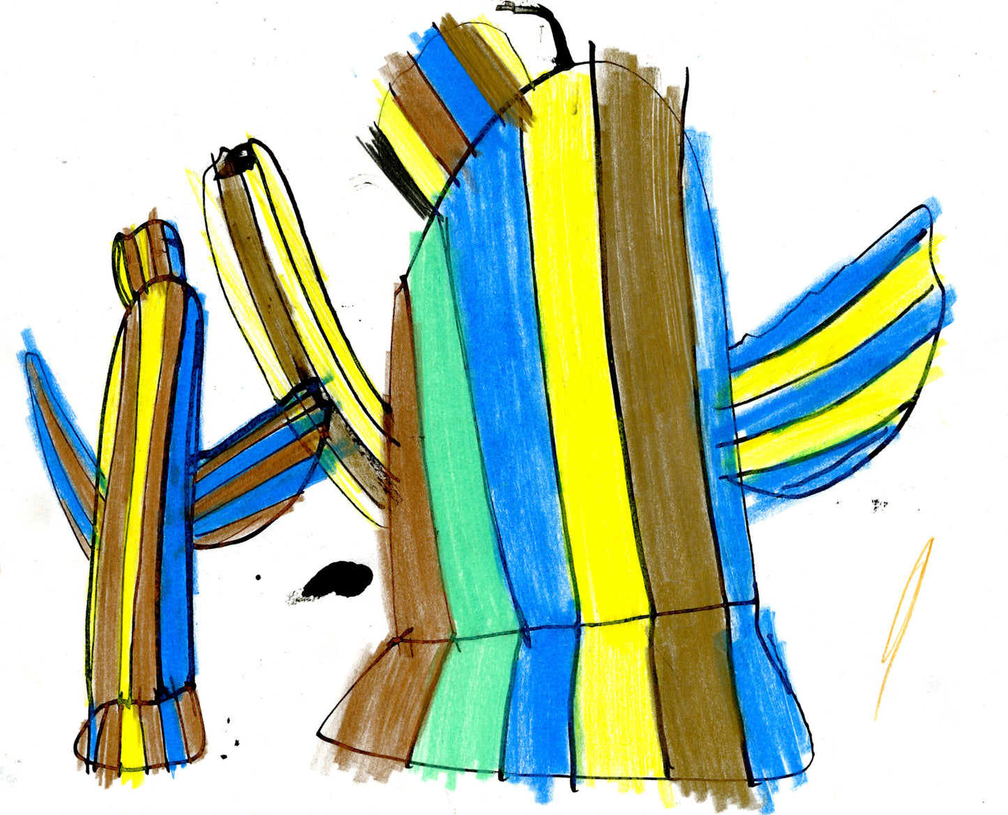 Abstract drawing of two cactus forms made with thick vertical stripes in blue, yellow, green, and brown. The larger cactus on the right has curved arms extending outward, while a smaller cactus appears on the left. Black sketch lines outline the shapes against a white background.