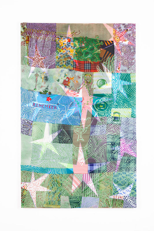 Colorful patchwork on stretcher bars with acrylic line-work depicting a human figure from the waist up. Two hands stretch upwards. Ten five- and six-pointed stars are layered in a negative image over the figure and patchwork. The word "remember" is embroidered in red. Found keys, halloween vampire teeth, and a large button are also sewn onto the patchwork. 