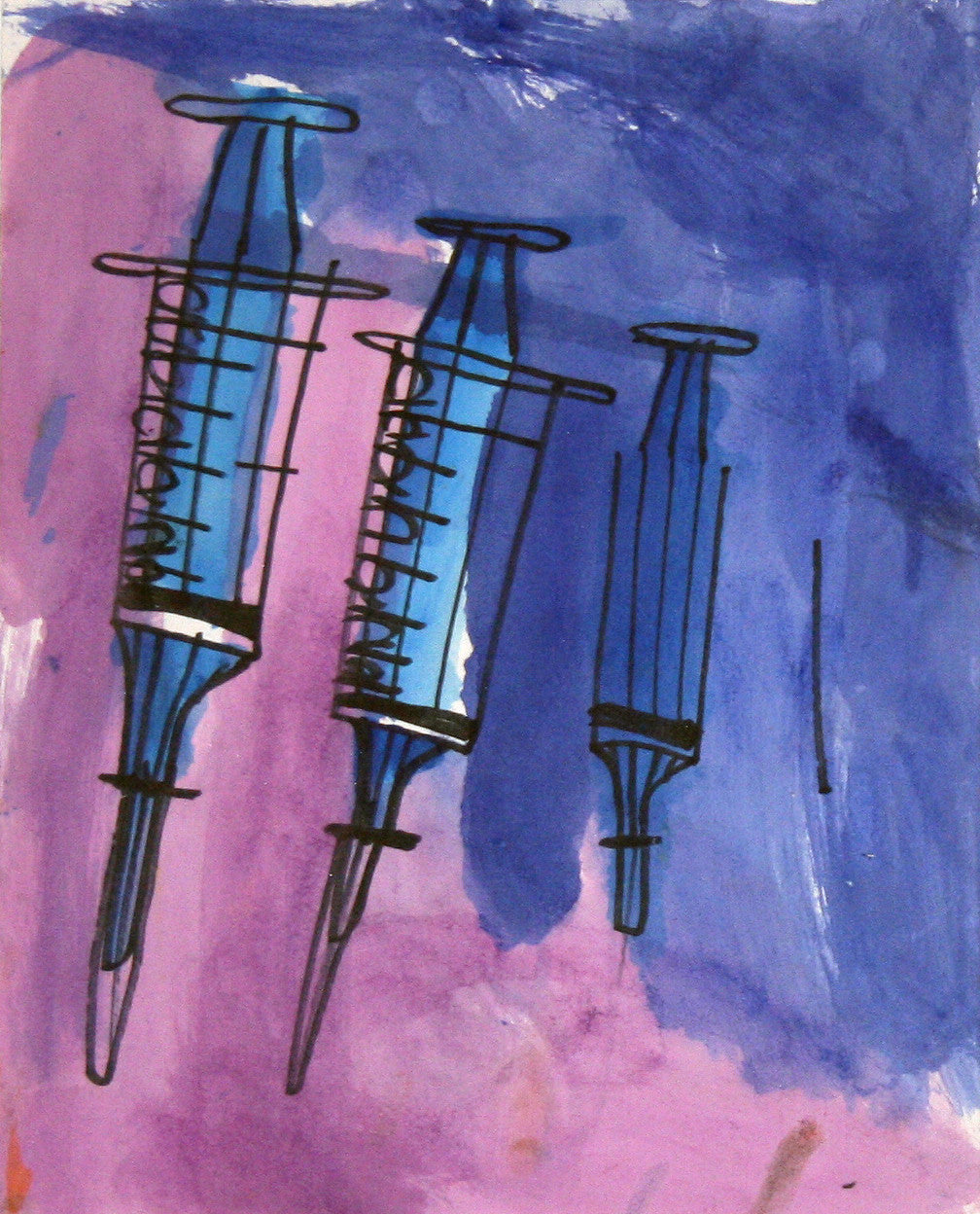 Painting of three syringes drawn with black outlines and blue shading against a purple and pink watercolor background. The syringes vary in size and are arranged diagonally across the image, with visible plungers and needles in a sketchy style.