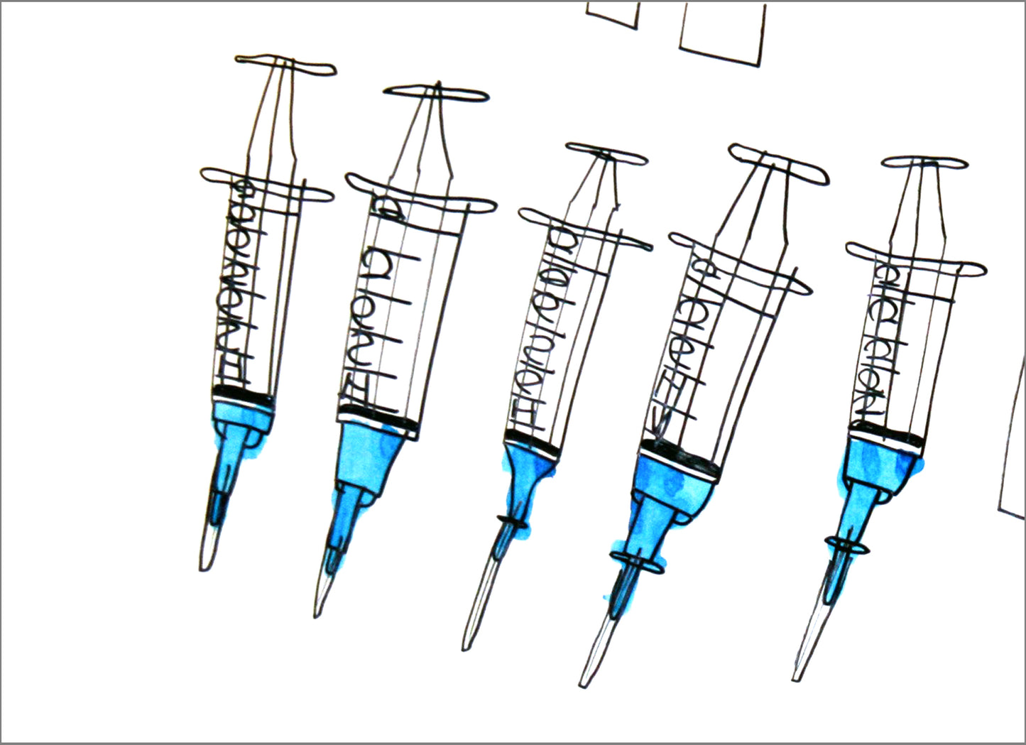 Drawing of five syringes arranged diagonally across a white background. Each syringe is outlined in black with blue tips and plungers, and the barrels contain sketchy measurement lines. The syringes vary slightly in angle and size, creating a repeating pattern.