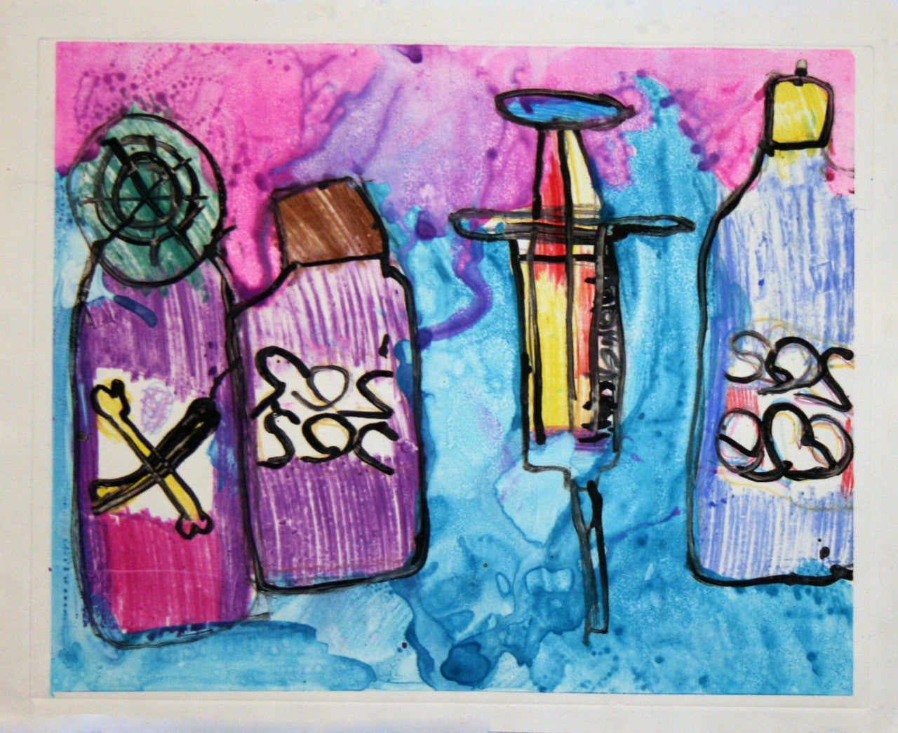 Colorful mixed-media drawing featuring three bottles and a syringe against a pink, purple, and blue watercolor background. The bottles are outlined in black and decorated with abstract symbols and labels, including crossed bones on one bottle. A large syringe stands upright in the center with yellow and red coloring inside.