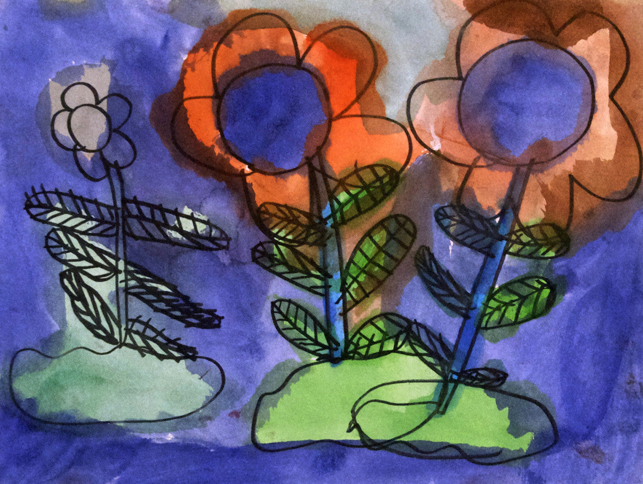 A painting of three flowers with large circular centers and rounded petals outlined in black. The flowers have long stems and patterned green leaves, growing from small green patches of ground. The background blends shades of blue, purple, orange, and brown in a soft watercolor texture.