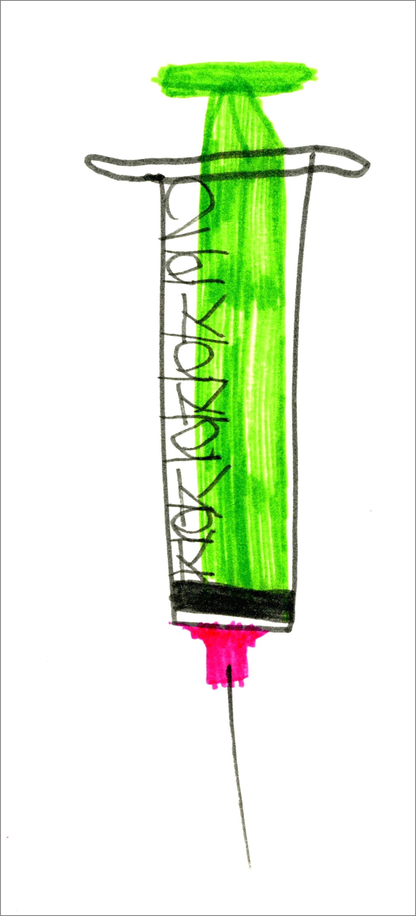 A drawing of a large syringe with a bright green barrel, pink tip, and thin needle. The syringe is outlined in black with scribbled markings along the side against a white background.