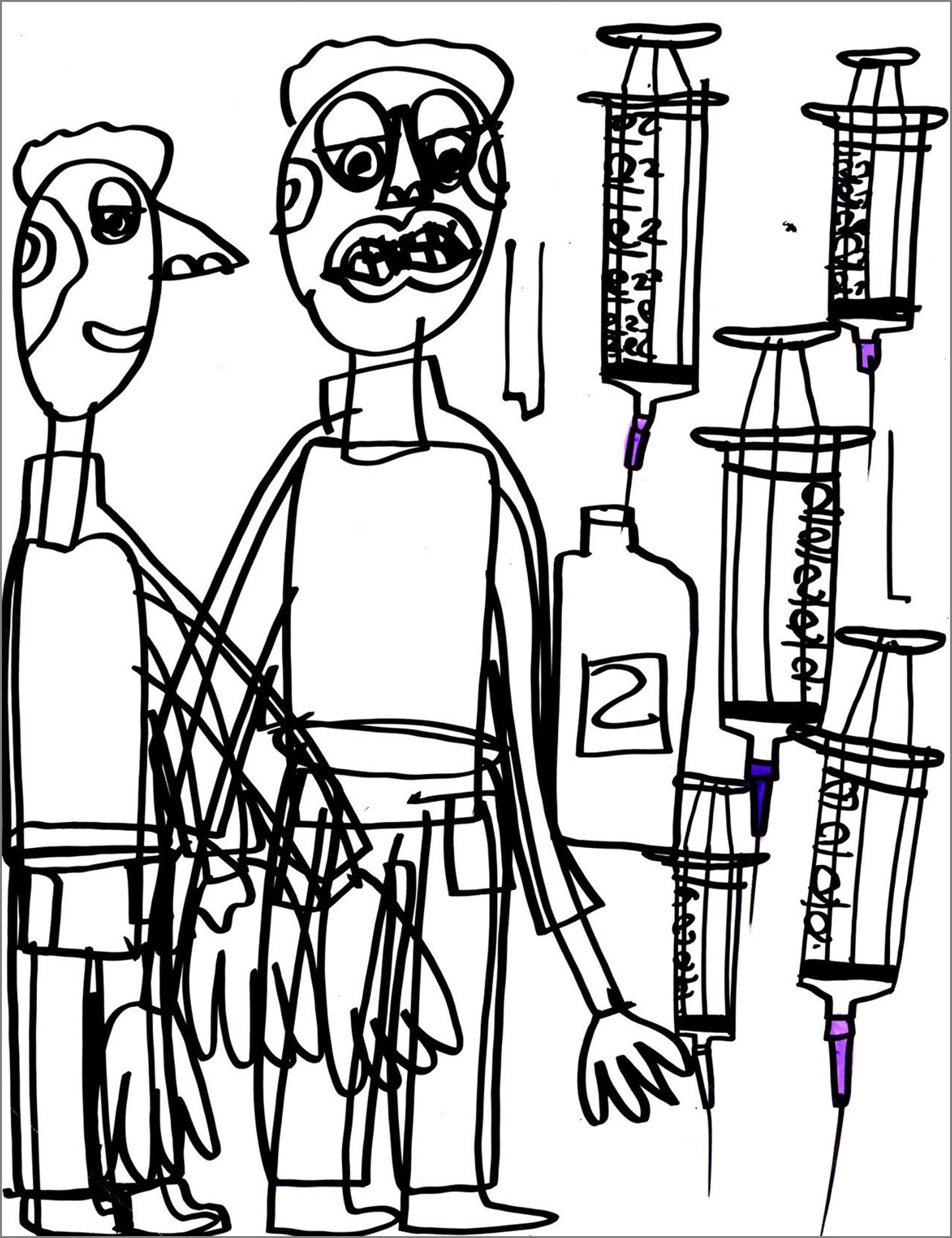 Black line drawing of two people standing beside several oversized syringes and a bottle. The figures have exaggerated facial features and simple clothing outlines. Multiple syringes with measurement markings surround them on the right side, some with purple needle tips, while a small bottle with a label sits in the middle.