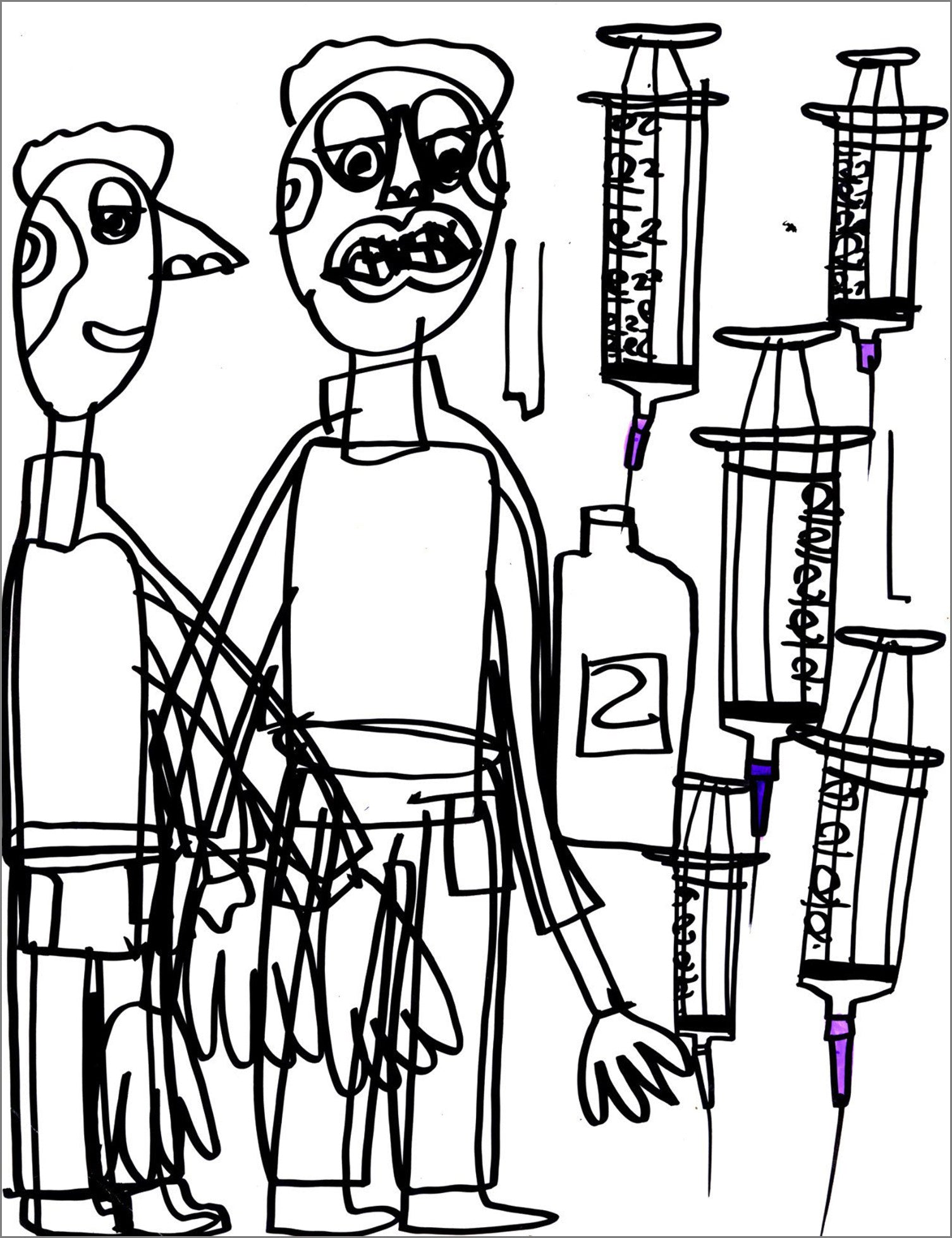 Black line drawing of two people standing beside several oversized syringes and a bottle. The figures have exaggerated facial features and simple clothing outlines. Multiple syringes with measurement markings surround them on the right side, some with purple needle tips, while a small bottle with a label sits in the middle.
