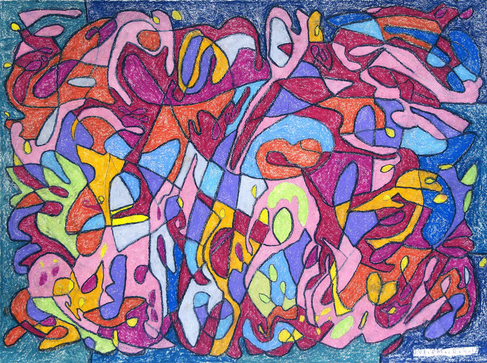 A scanned image of a colorful abstract crayon drawing on paper. A field of oblong wiggly shapes fills the page. The shapes are mostly colored orange, light green, yellow, red, and pink. There are small yellow and green spots peppered throughout. The background is dark blue and the artist has written their name very small in the bottom right corner. 