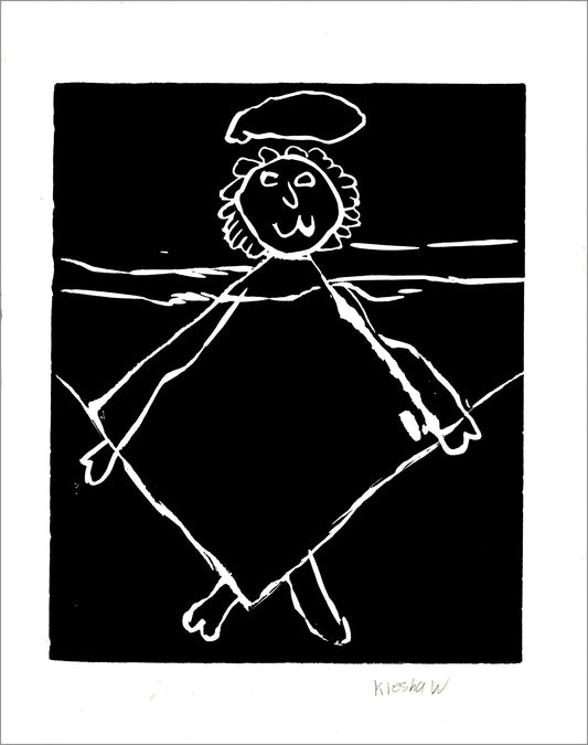 Print with a black background and white lines depicting an angel. The angel has a halo above its head and is smiling. The print is framed by a white border. 