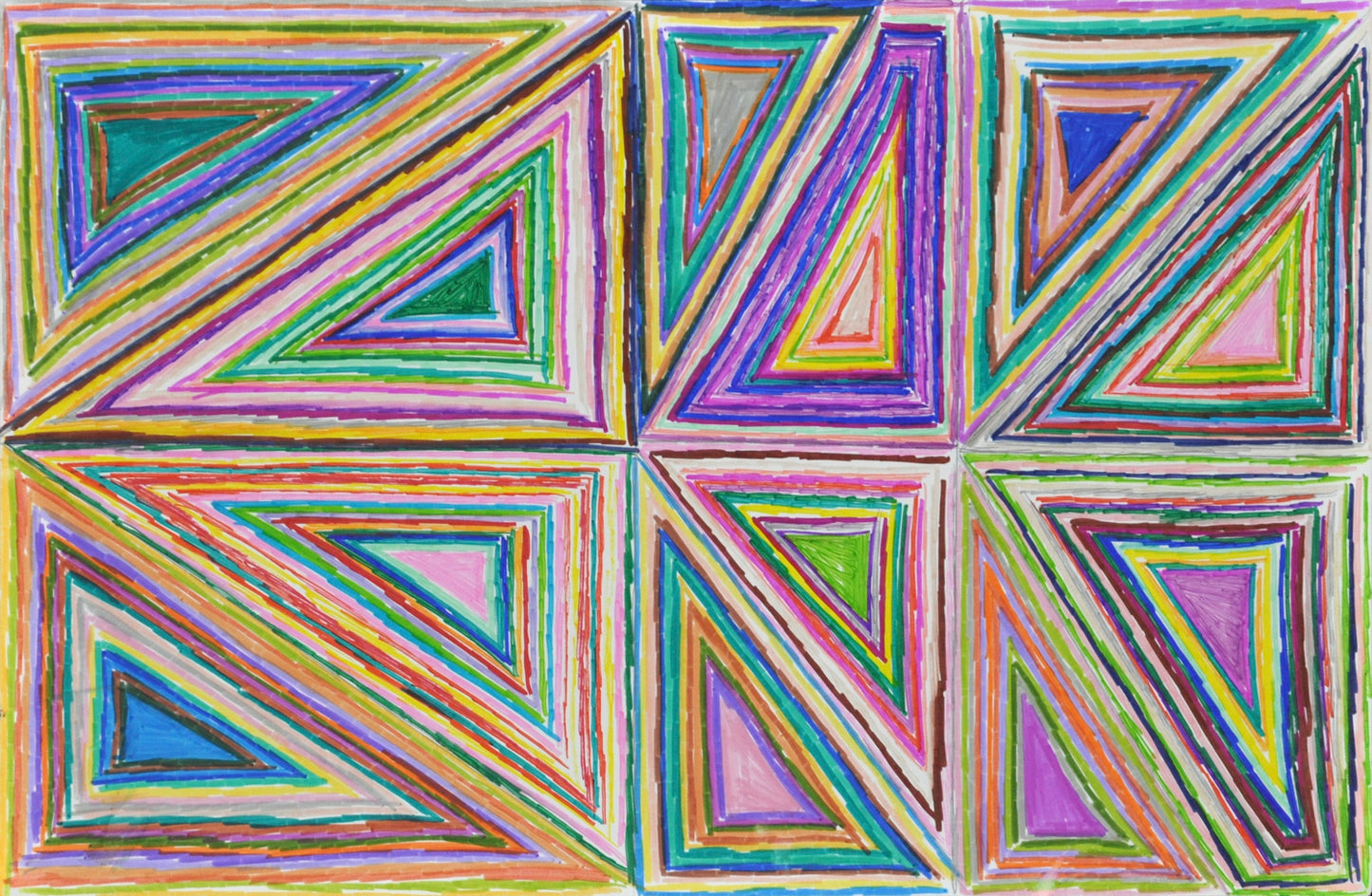 An abstract composition featuring 12 triangles that are arranged and stacked so they fill the entirety of the page. Drawn in marker, the triangles each have concentric borders of color-pinks, blues, purples, greens, oranges, and more. 