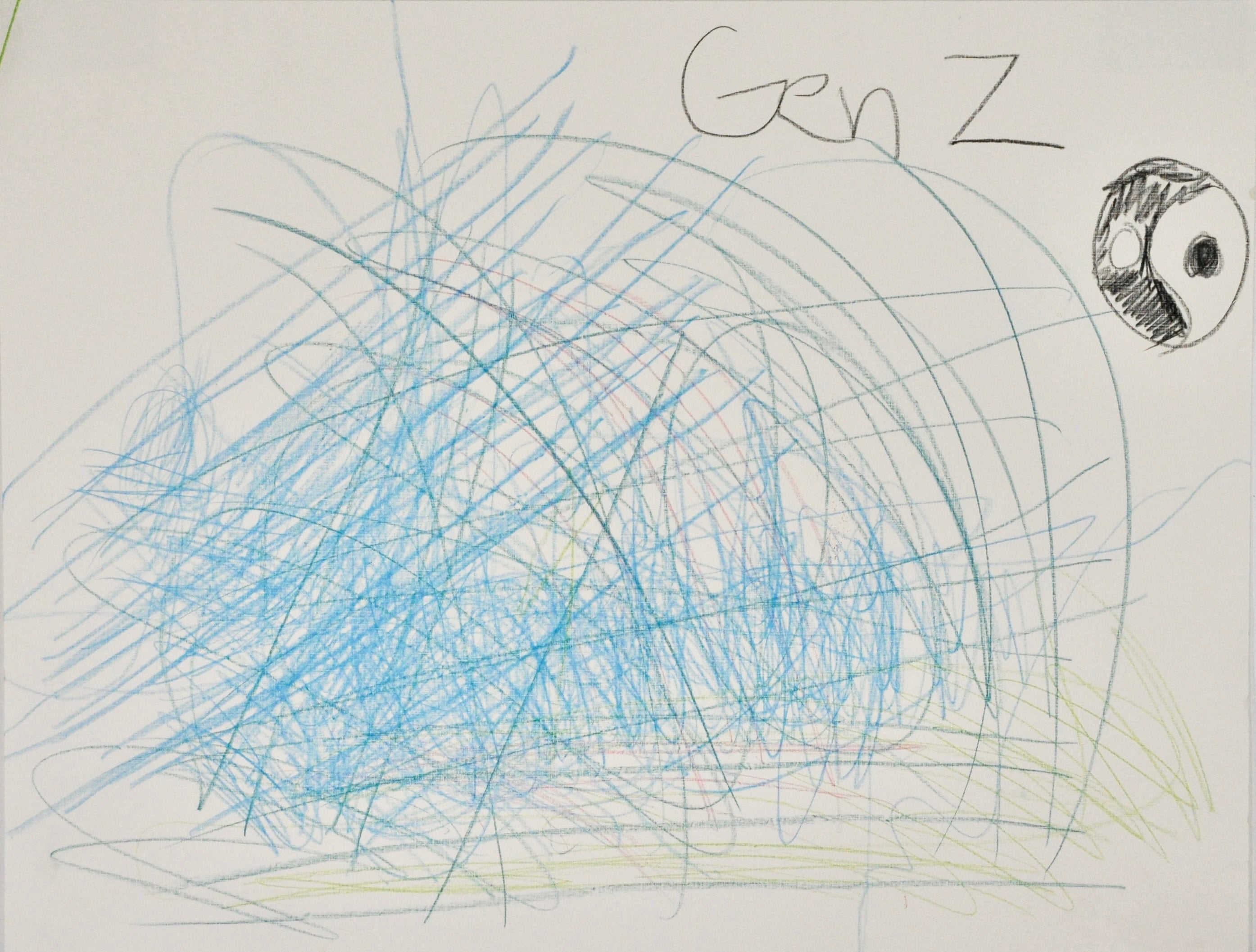 A pencil drawing on white paper. The words "Gen Z" are written in black pencil on the top right corner, next to a drawing of a black and white yin yang symbol. Filling the rest of the page is a large scribbled form made with blue, green, pink, and grey pencil.