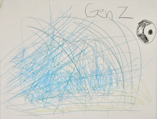 A pencil drawing on white paper. The words "Gen Z" are written in black pencil on the top right corner, next to a drawing of a black and white yin yang symbol. Filling the rest of the page is a large scribbled form made with blue, green, pink, and grey pencil.