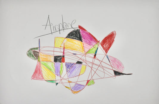 An abstract colorful form drawn on white paper. In the center of the page is a starburst line drawing with sections colored red, purple, black or yellow. Above this form, the word "Airplane" is written in black pencil.