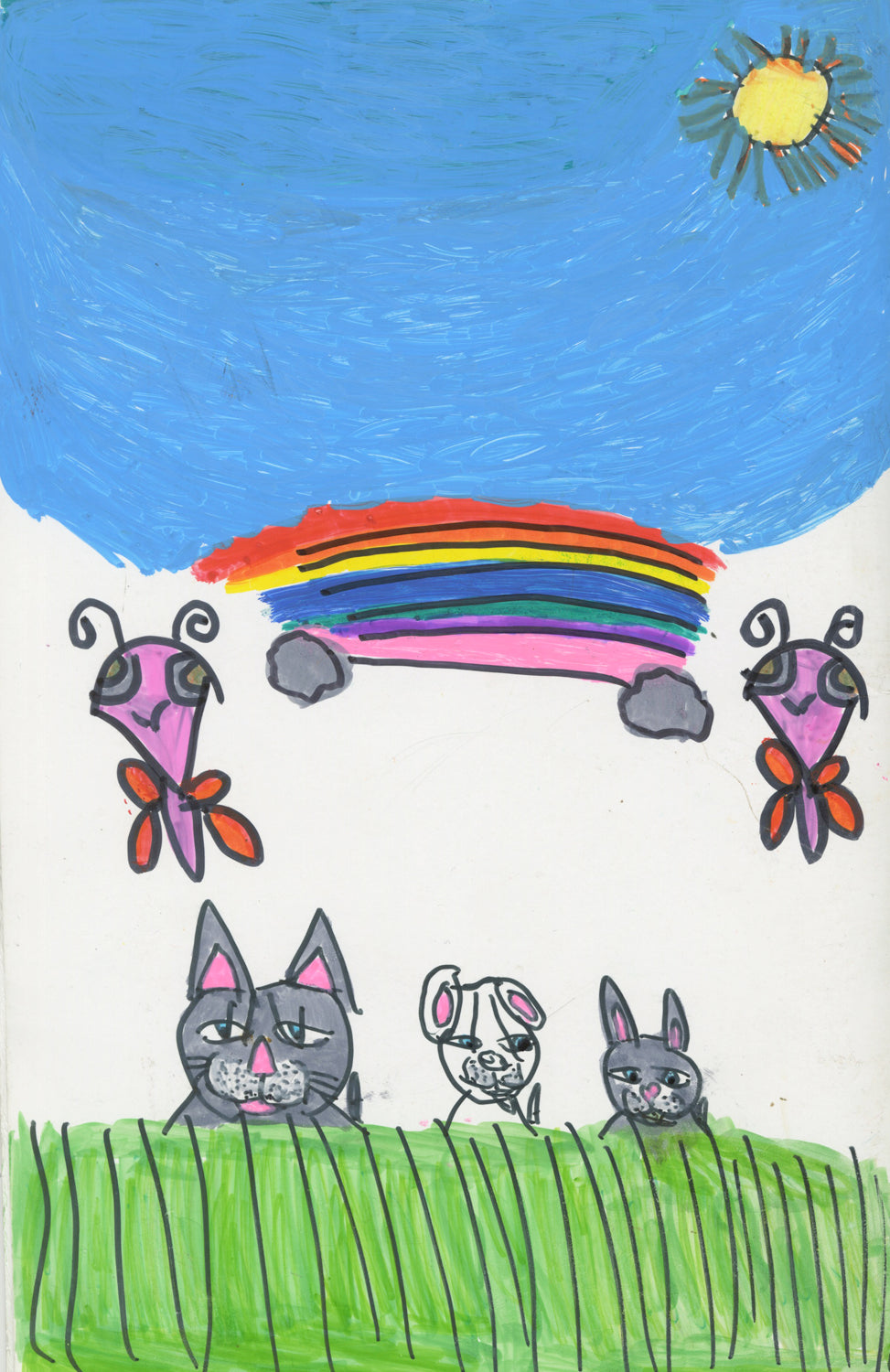 A page from the artist book. Three animals, a cat, a dog, and a rabbit, sit in a green field. 2 butterflies float in the space above the critters, and between the butterflies is a rainbow. A big blue sky fills the top half of the drawing, with a little yellow sun in the right corner. 