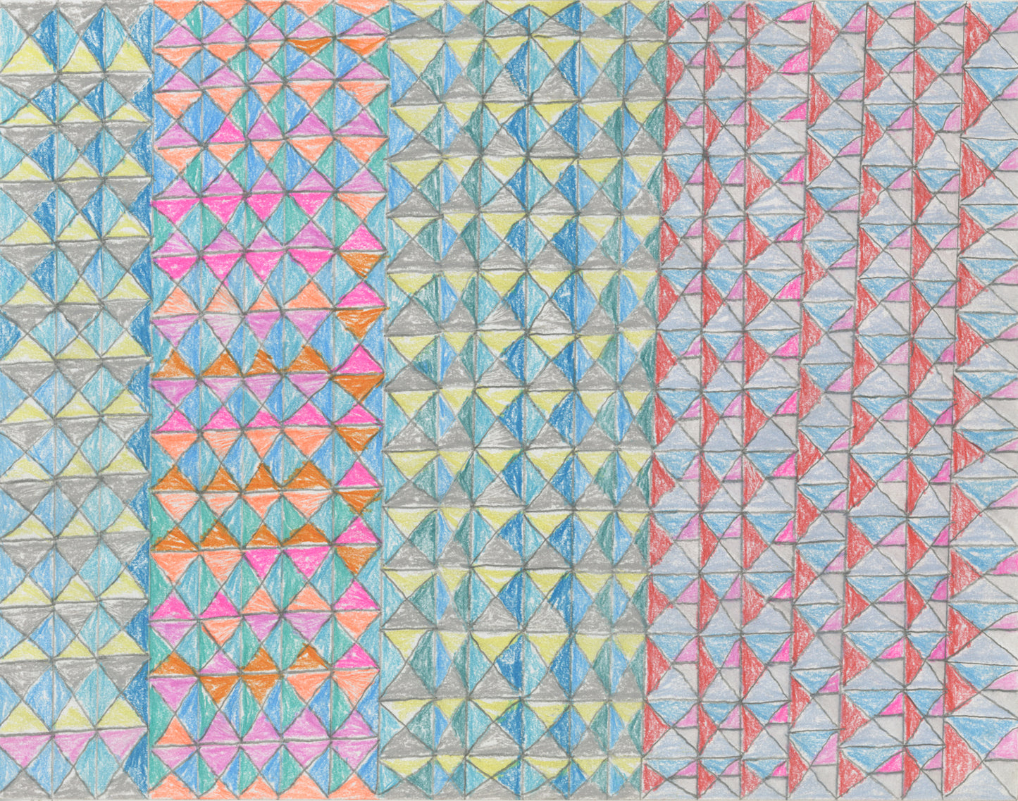 A colored pencil drawing in blue and red jewel tones on paper. The entire surface of the paper is covered with a geometric pattern: stacks of blue, red, and pink diamonds on a blue and grey background. 