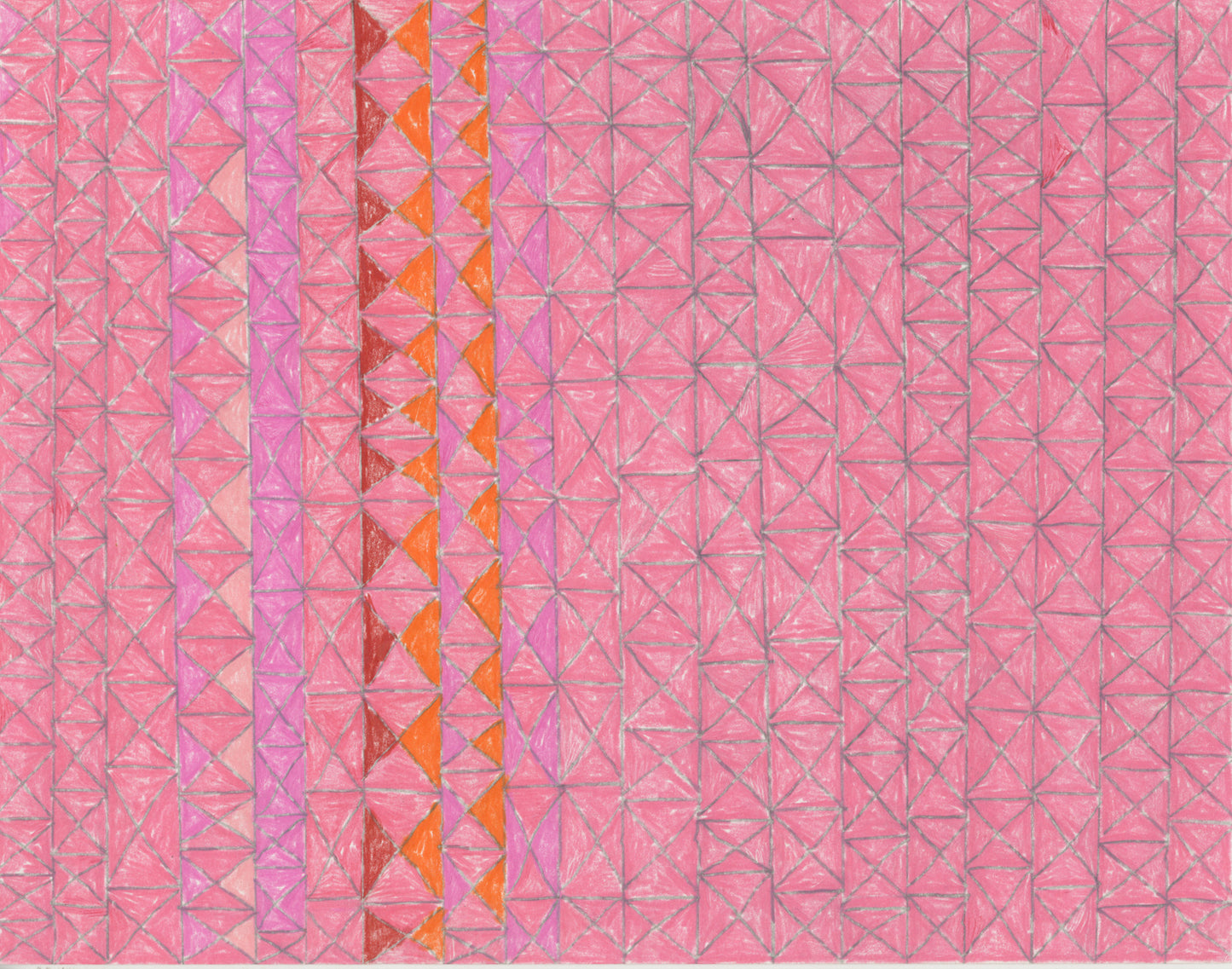 A drawing in jewel tones on paper. Columns of diamonds and triangles fill the page. Most of these shapes are colored bright pink. There are several stacks on the left side of the paper that include orange, red, and pale pink triangles.