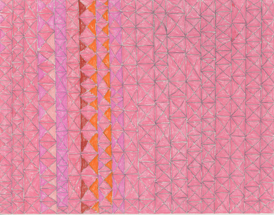 A drawing in jewel tones on paper. Columns of diamonds and triangles fill the page. Most of these shapes are colored bright pink. There are several stacks on the left side of the paper that include orange, red, and pale pink triangles.