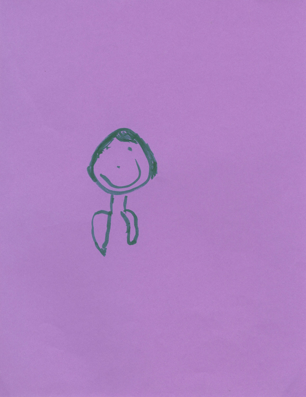 a marker drawing on purple paper. The image is of a small smiling figure, drawn in green marker, slightly left of center. The figure has short hair, a round head with dots for eyes, and lines articulating a neck and shoulders.