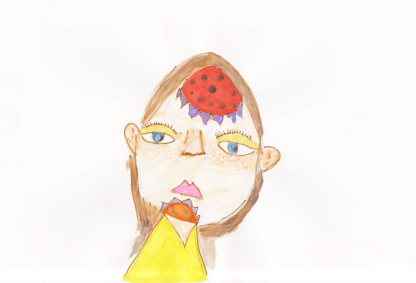 a portrait made with watercolor and pencil on white paper. The portrait is of the head and shoulders of a figure with tan skin, long brown hair, and a yellow shirt. The figure looks straight ahead with heavy lidded blue eyes. There is a flower with purple petals and a red center with black spots drawn on the figure's forehead and chin. The space around the figure is the blank white of the paper.