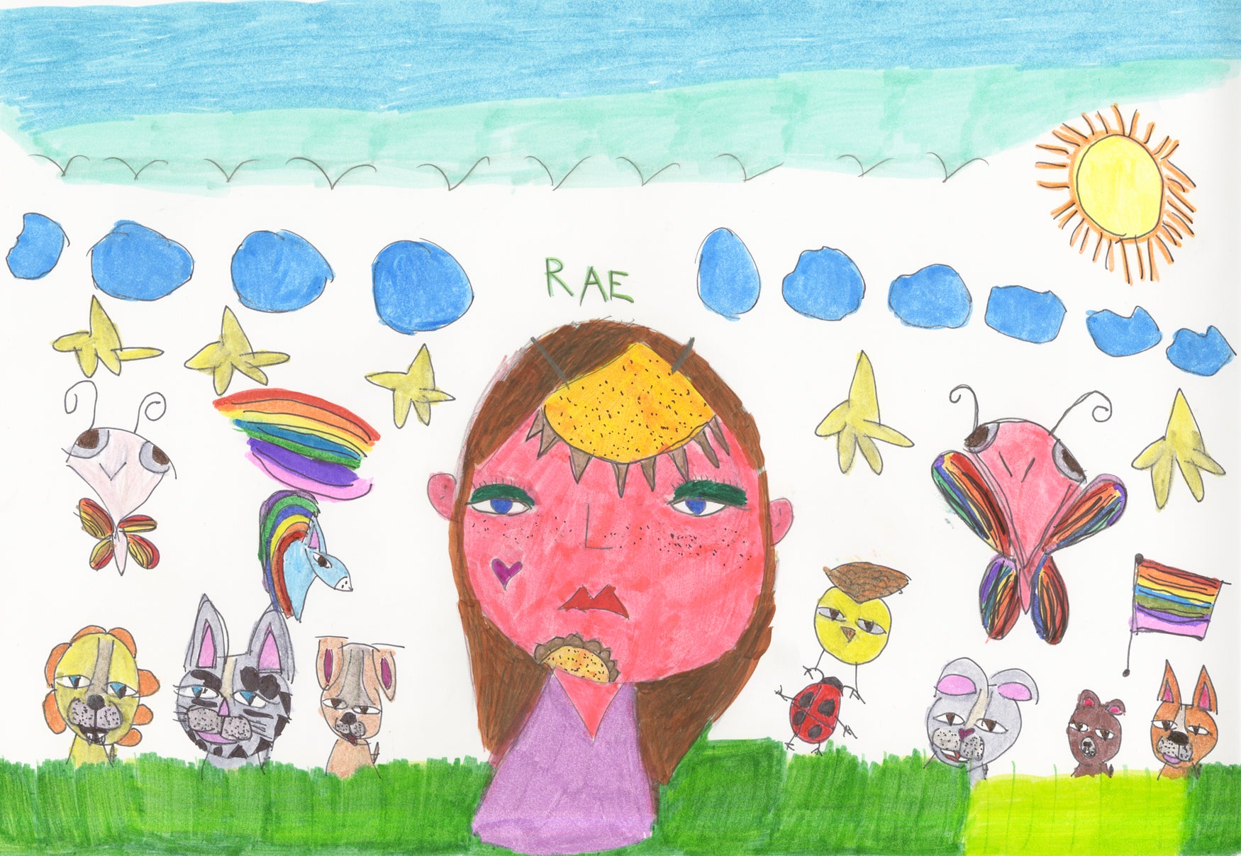 A marker drawing on white paper. The image shows the head and shoulders of a large figure in the center of a field filled with animals, rainbows, and butterflies. The central figure has a flower design on their forehead and chin. They wear a purple shirt, have long brown hair and pink skin. The surrounding animals include a lion, rabbit, ladybug, unicorn, and several butterflies, dogs, and cats. A row of blue clouds floats above the creatures, and in the distance a line of v-shaped birds fly overhead. 