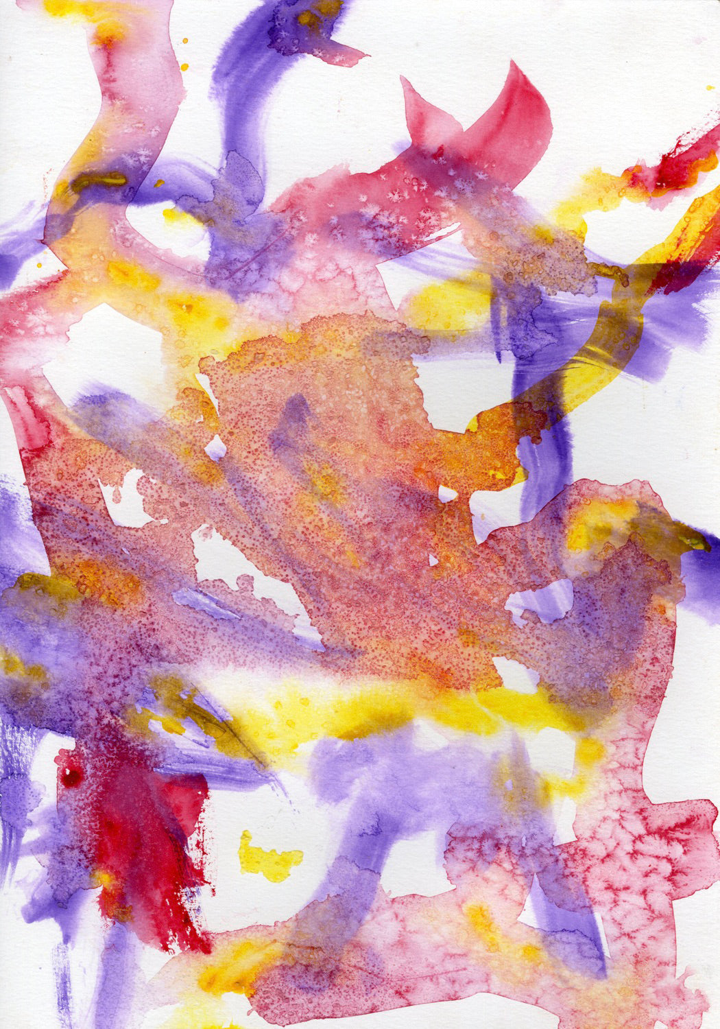 a colorful painting on a white piece of paper. The image is abstract and made with watercolors. Watery stripes of red, purple, and yellow paint swirl around each other and intertwine. Some of the painted stripes are textured by evaporating water, which created bubbled, speckled, or branching patterns. 