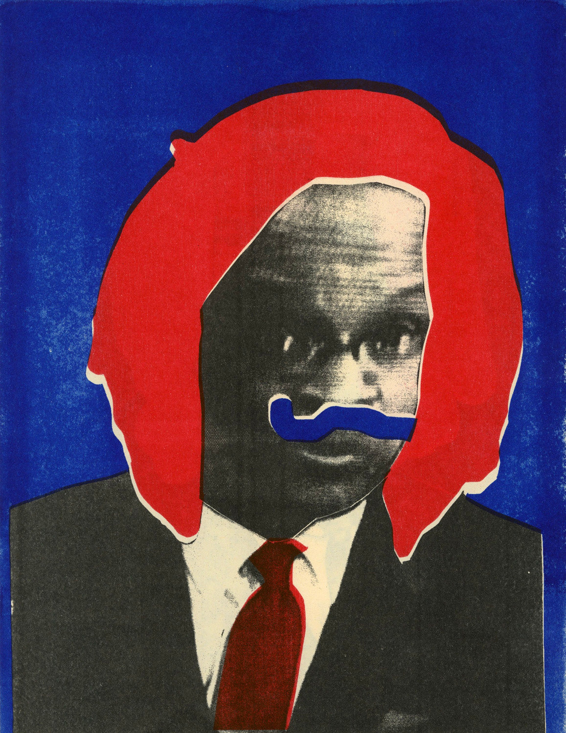 rectangular print with a dark blue background surrounding an African-American male wearing a suit. The figure also has a blue mustache, red tie, and red hair added to them.