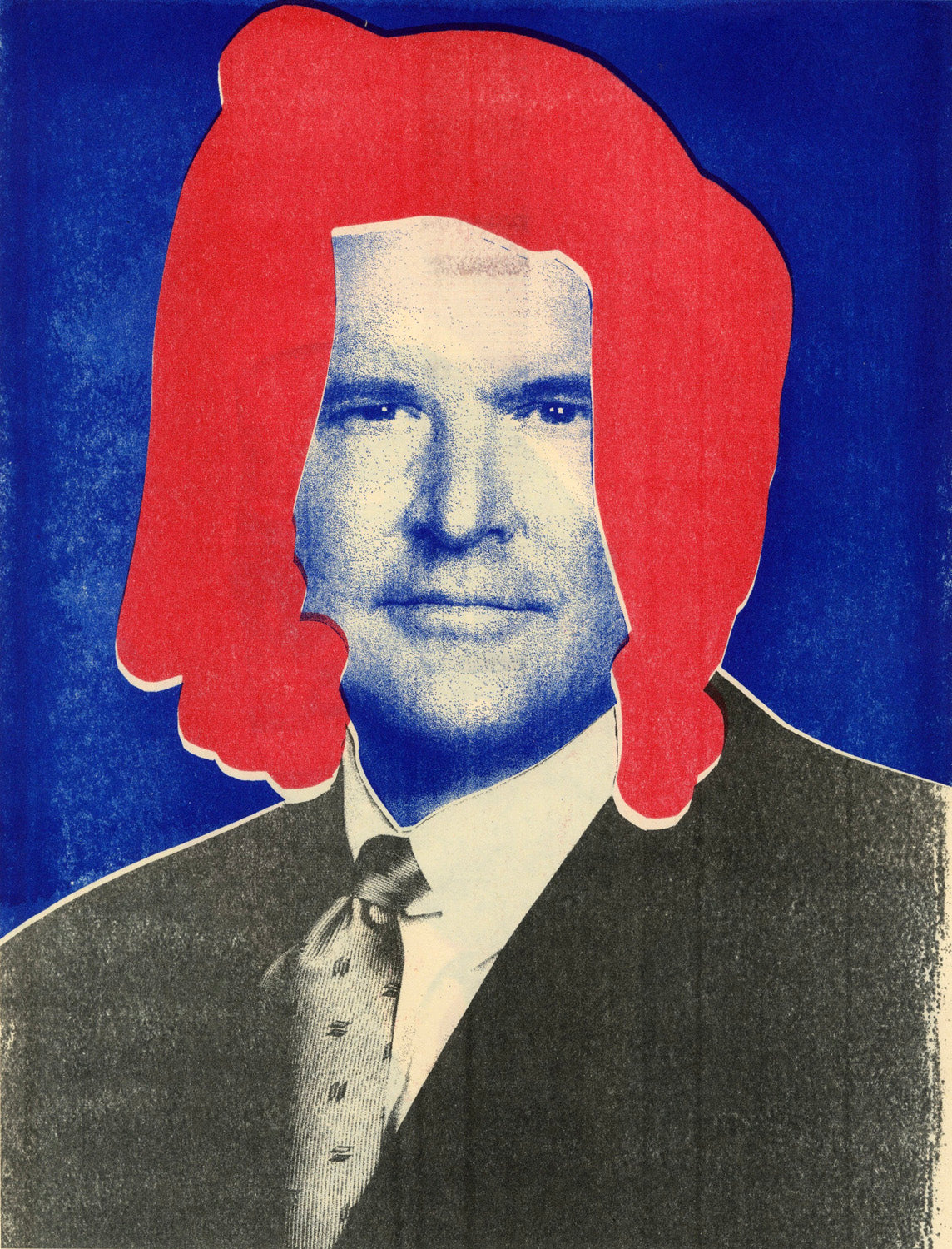 rectangular print with a dark blue background surrounding a caucasian male wearing a suit. The figure also has red hair added to them.