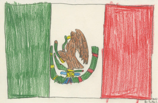 a crayon and pencil drawing of the flag of Mexico: 3 vertical stripes in green, white, and red. In the central white stripe is an eagle on a green curved branch.