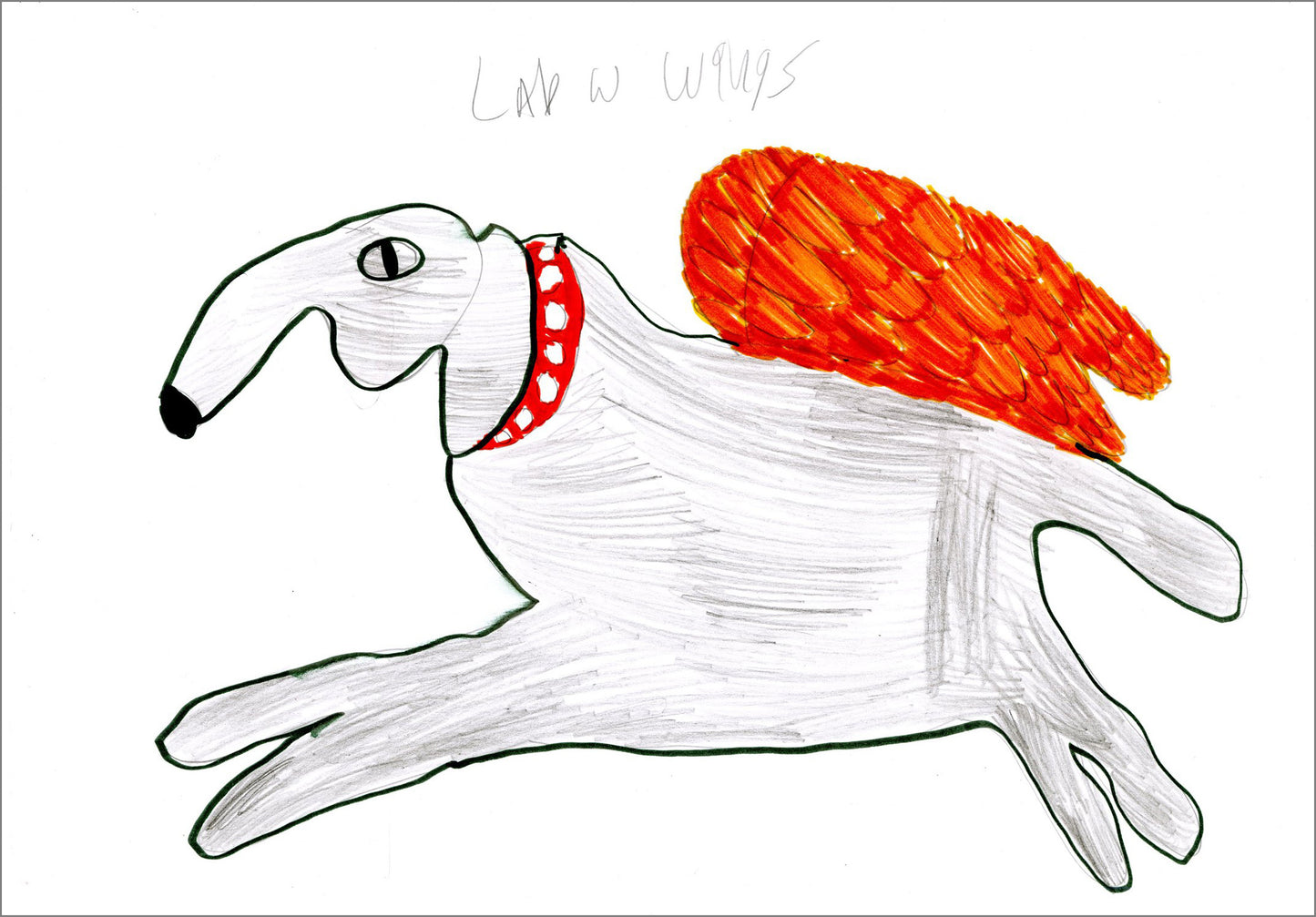 A marker and pencil drawing on white paper. The image features a dog outlined in black marker and colored with grey pencil. The dog has orange wings and a red collar. The dog is facing toward the left and seems to be leaping in that direction. On the top of the page, the words "Lab w. wings" are handwritten in pencil.