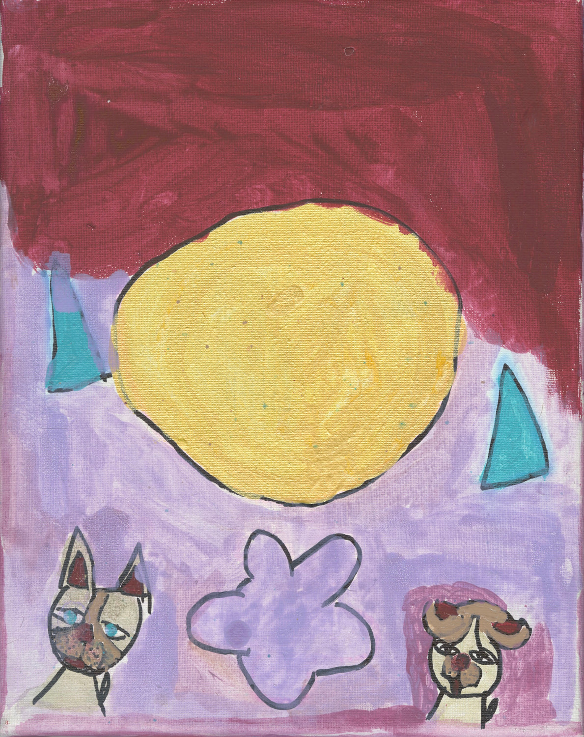 a painting on canvas. The image depicts animals and shapes floating in a purple and maroon space. The head and shoulder of a cat is on the bottom left and the head and shoulders of a dog is on the bottom left. Between the animals is a purple flower. In the center of the image is a large gold circle flanked by two blue triangles. 