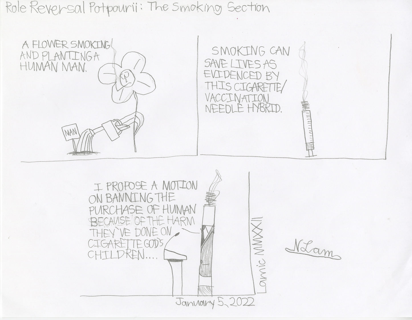 a 3-part comic drawn with pencil on white paper showing absurd situations with cigarettes. The title of the drawing is handwritten across the top. The comic squares show a flower smoking and watering a "man" plant, a cigarette-vaccine hybrid, and a cigarette in a suit speaking at a podium.