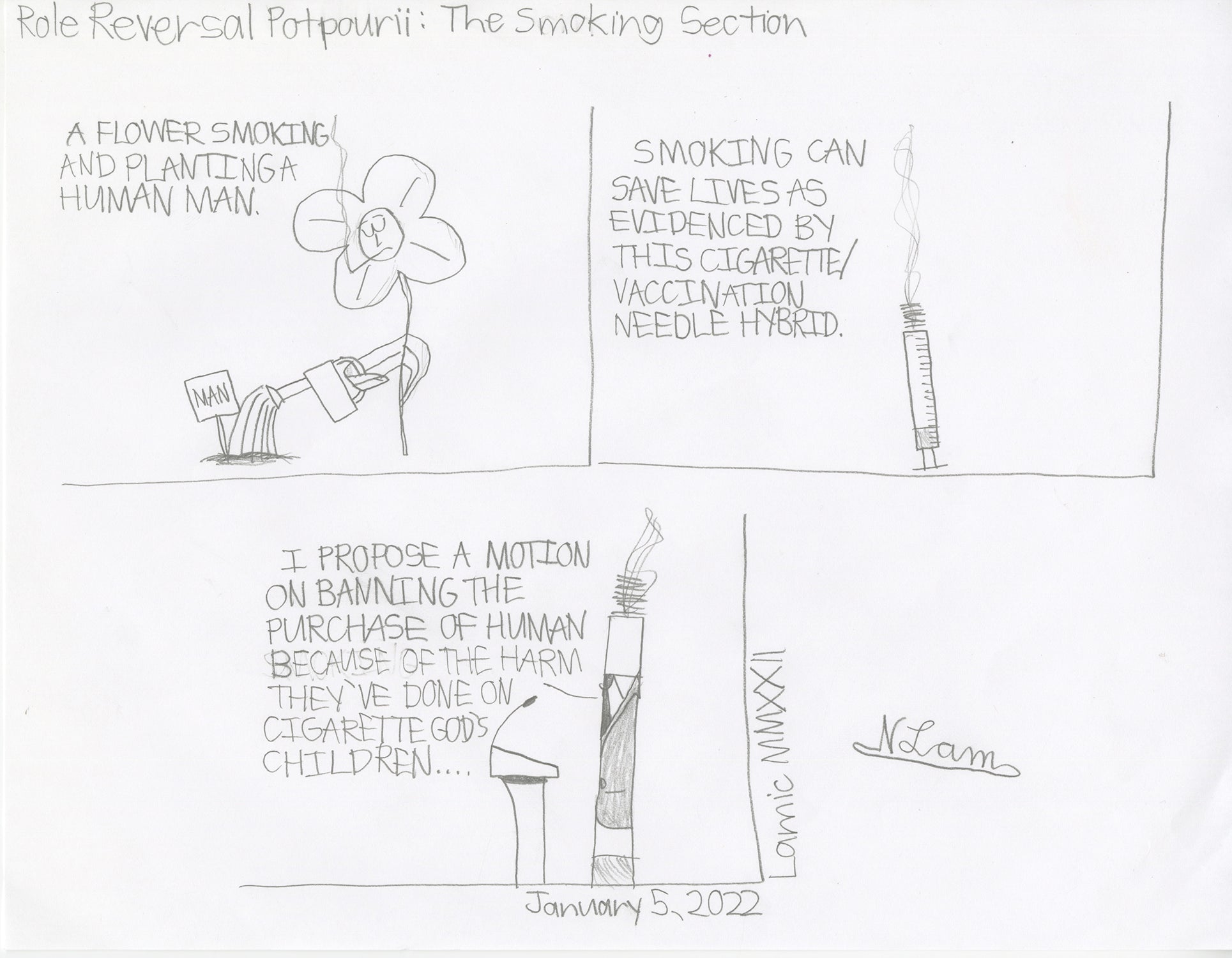 a 3-part comic drawn with pencil on white paper showing absurd situations with cigarettes. The title of the drawing is handwritten across the top. The comic squares show a flower smoking and watering a "man" plant, a cigarette-vaccine hybrid, and a cigarette in a suit speaking at a podium.