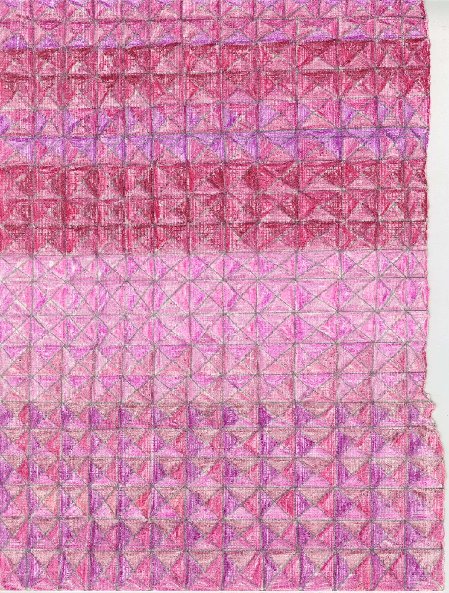 A drawing made in pink and red jewel tones on a tall piece of paper. The right   side of the paper has a torn edge. The surface is covered with a geometric pattern: rows of diamonds and triangles colored variously red, purple, and pink. 