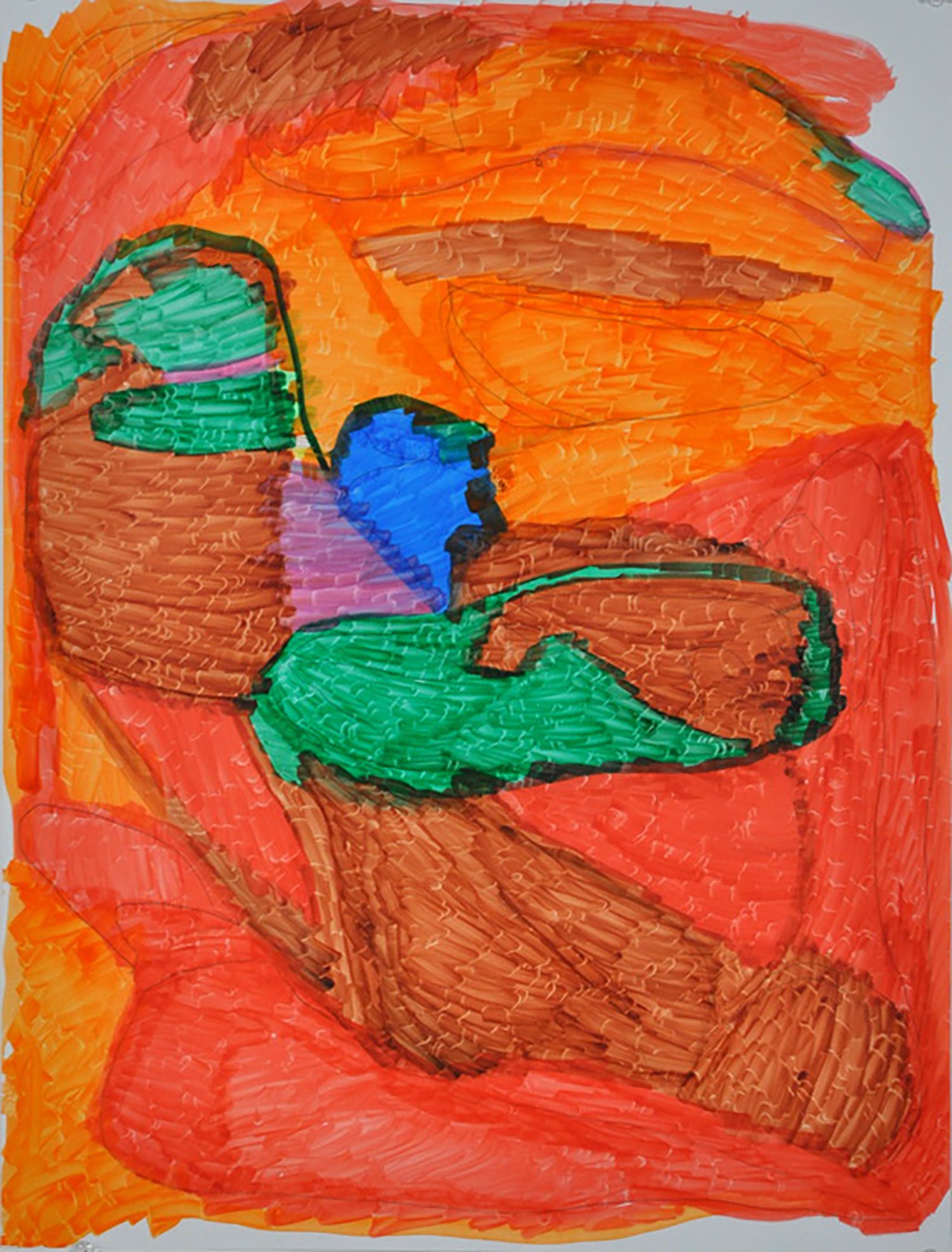 An abstract drawing on grey paper. The artist used orange, red, green, and purple markers, creating a composition of oblong shapes that fill the page, intersecting and holding each other. 