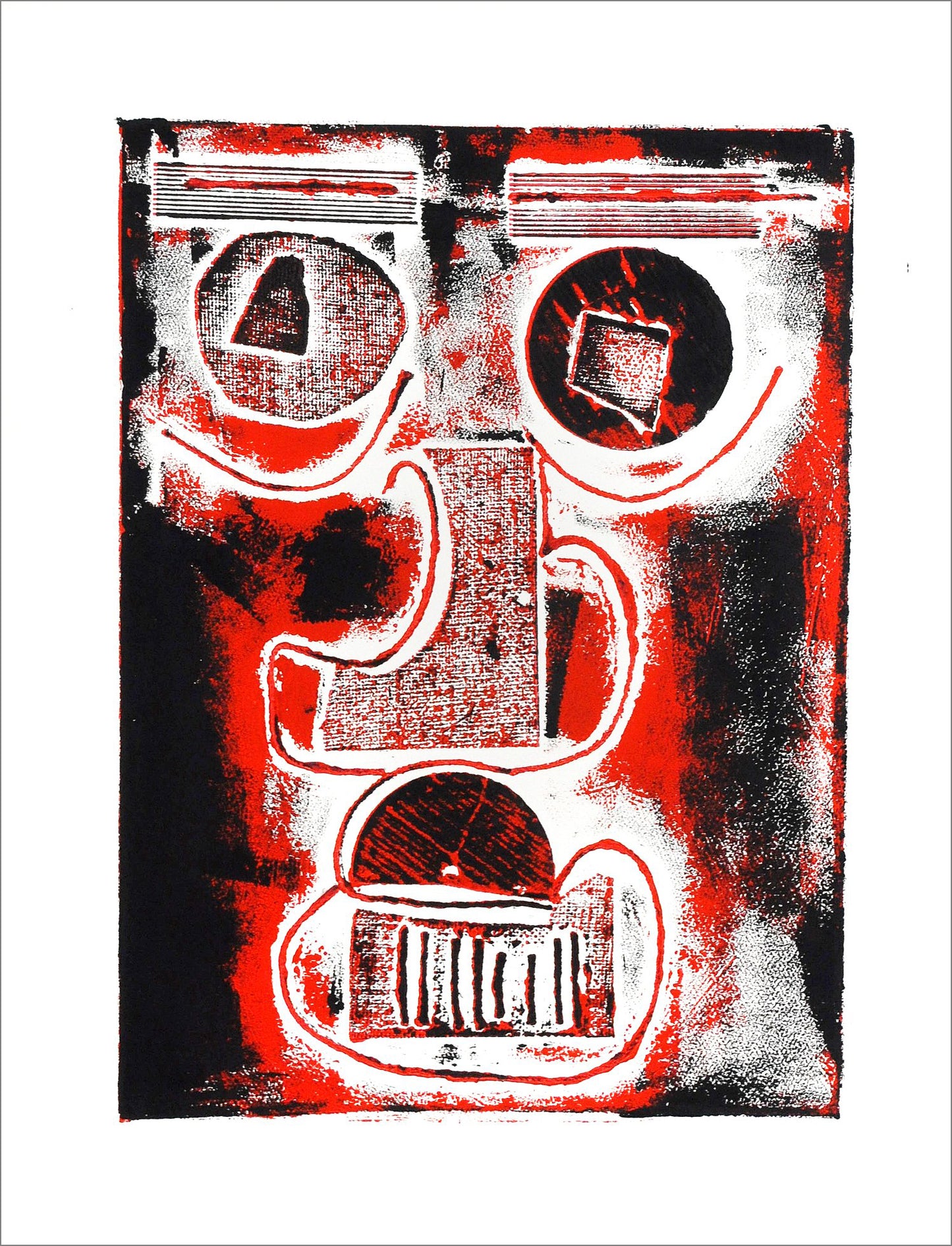 a collagraph print in black and red ink: various shapes are arranged to look like a grinning skull-like face