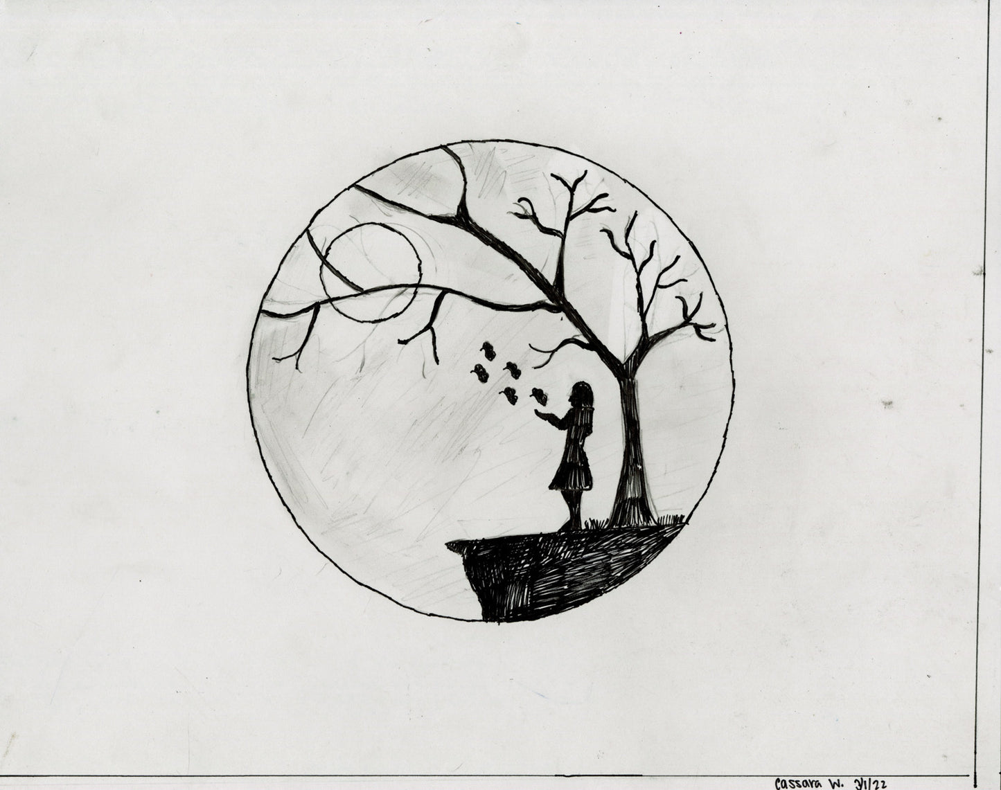 Drawing on white paper with a circle at the center. Within the circle is a person standing under a tree near a cliff under the moon. The person appears to be releasing 5 birds from their hands.