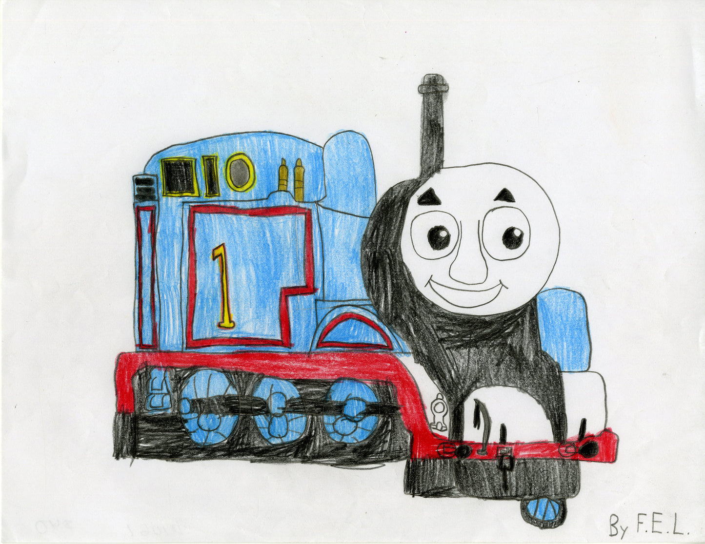 A colored pencil drawing on white paper. The image is an illustration of an old-fashioned train engine with a smiling round face. The drawing represents the main character from the series "Thomas the Tank Engine." The body of the engine is colored blue with red stripe detailing. The face of the character is a round white circle with big round eyes and a wide smile. There is a black pipe extending upwards from the top of the train's head. 